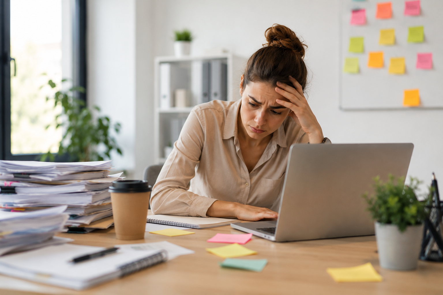 Burned out professional woman struggling to focus at cluttered desk. Burnout and procrastination at work