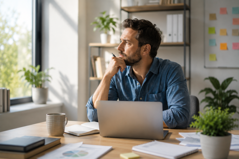 Professional man at desk looking thoughtful. Blog post on priorities, burnout and leadership communication